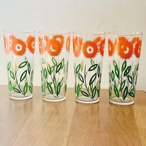 Vintage Set/4 MCM Summer Drinking Glass Highball Tumblers Orange Green Flowers